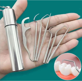 Набор инструментов для чистки зубов ниткой, нержавеющая сталь 7 шт. набор зубочисток в футляре 207333