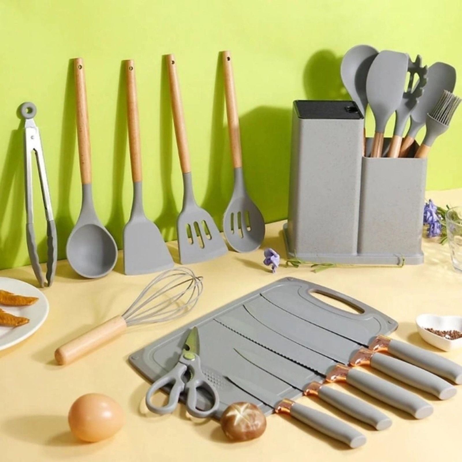 Набор кухонных принадлежностей 19 предметов с двойной подставкой разделочной доской набором ножей 207591