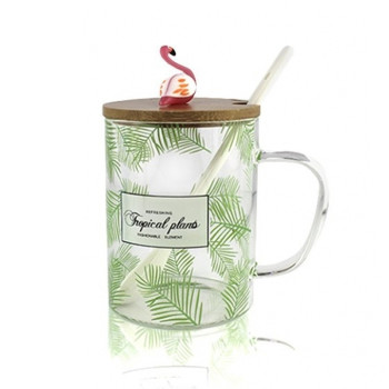 Чашка для чая с деревянной крышкой и ложечкой Flamingo зеленая 148997