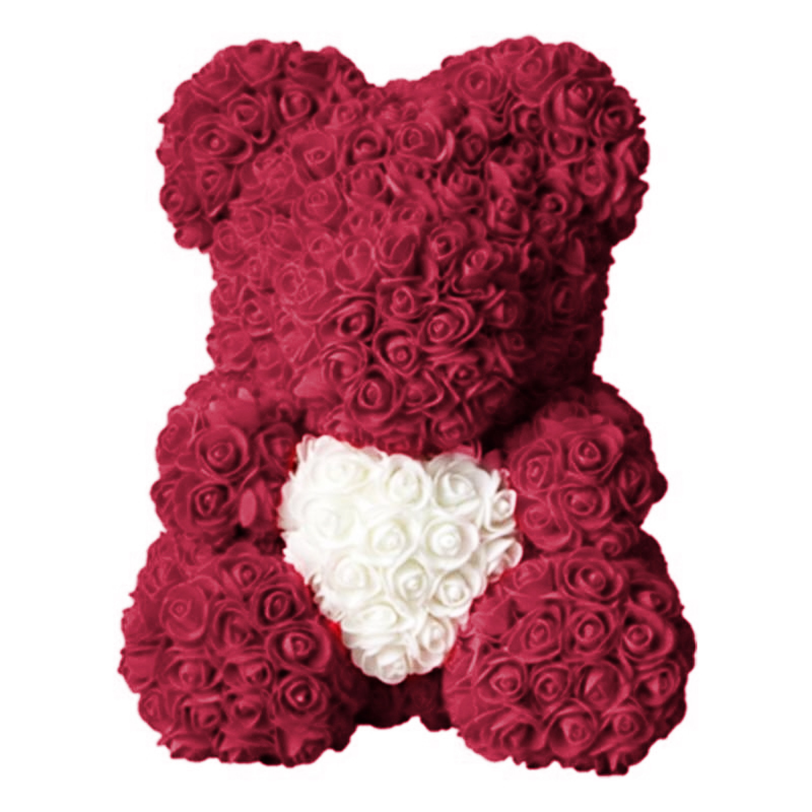 Мишка из искусственных 3D роз в подарочной упаковке 40 см бордовый 141036