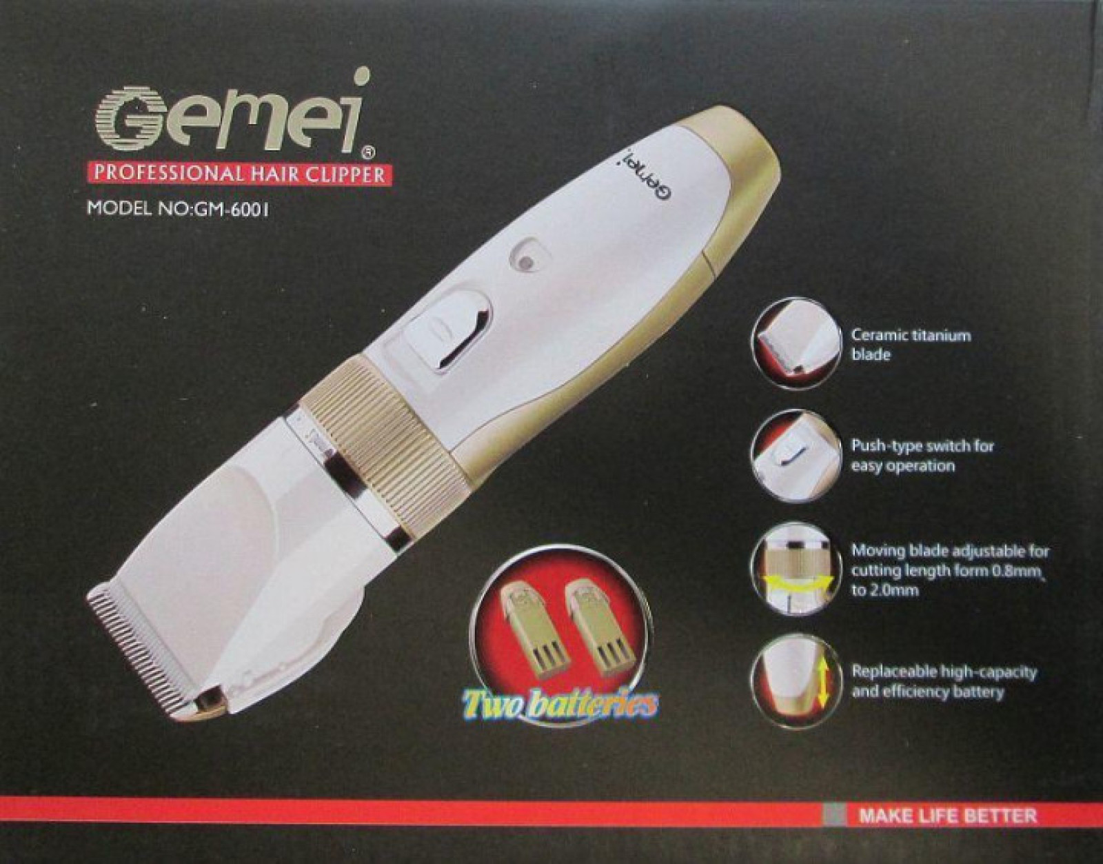 Беспроводная машинка для стрижки волос триммер с керамическими ножами GEMEI GM-6001 PRO + 2 аккумулятора Красная 154469