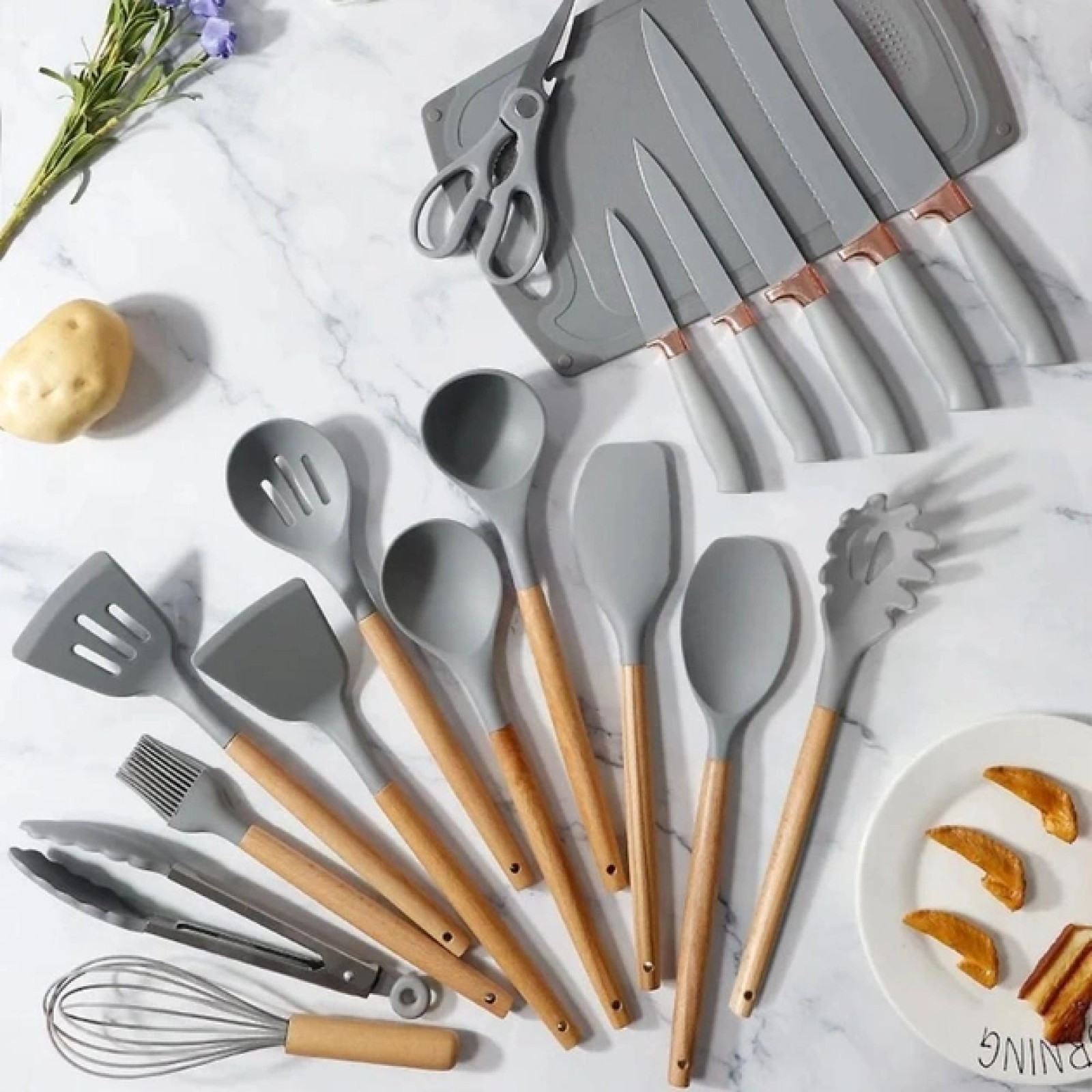 Набор кухонных принадлежностей 19 предметов с двойной подставкой разделочной доской набором ножей 207591