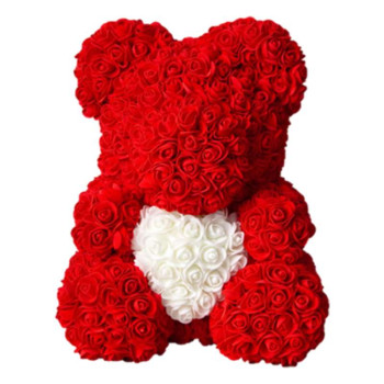 Мишка из искусственных 3D роз в подарочной упаковке 40 см красный 140102