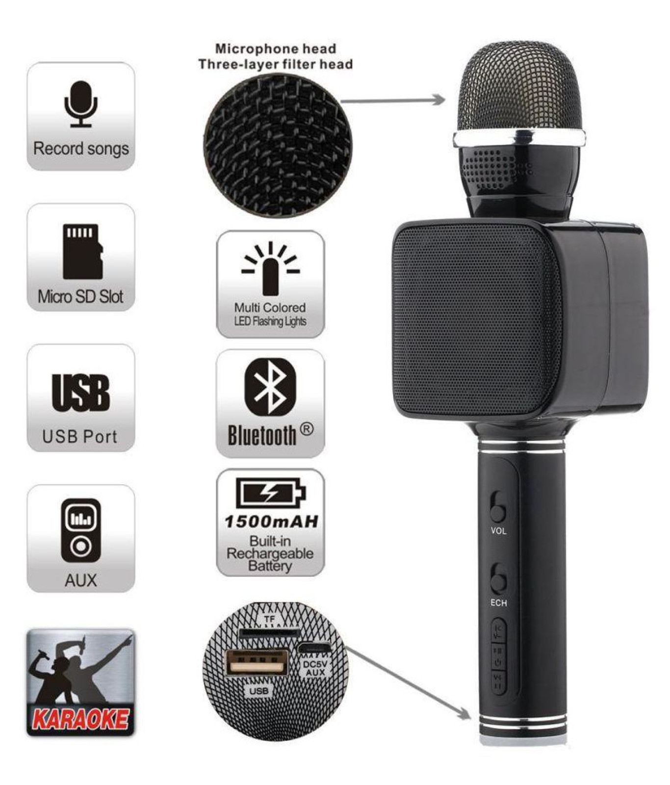 Беспроводной портативный Bluetooth микрофон для караоке Magic Karaoke YS-68 + колонка 2 в 1 с мембраной низких частот Black 152585