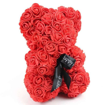 Мишка из искусственных 3D роз в подарочной упаковке 25 см красный 133946